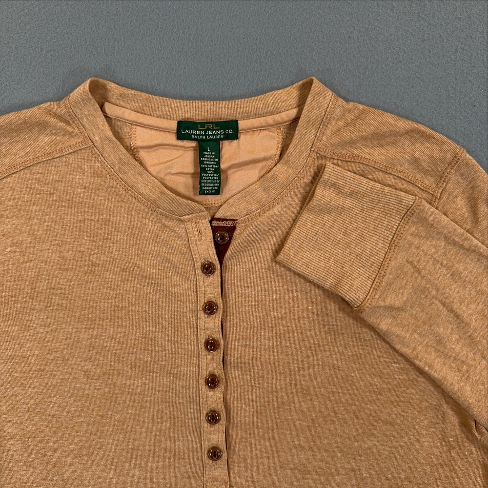 Lauren Ralph Lauren Henley Women L Tan Elbow Patch Long Sleeve Equestrian Top